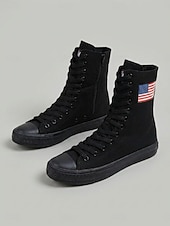  Women's White Patriotic High Top Canvas Sneakers – USA Flag Canvas Lace-Up Boots for Independence Day, Parade & Casual Streetwear