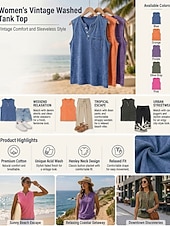 お買い得  プレーンTシャツ-softfade™ レディース 100% コットン ヘンリーシャツ ウォッシュ加工 アシッドウォッシュ ヴィンテージ ウォッシュ加工 ヴィンテージファッション スタイリッシュ ノースリーブ ラグランスリーブ ヘンリー ロングトップス カジュアル ビーチ ブルー パープル オレンジ 夏 春