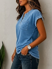 abordables Camiseta lisa-Mujer Algodón lavado 100% Algodón Henley Shirt Bolsillo Color sólido Vintage Elegante Manga Corta Manga Murciélago Tops regulares Casual Verano Azul Piscina Verde Claro Rosa Verano Primavera