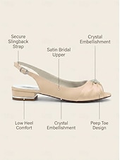 cheap Bride-Women's Low Heel Satin Slingback Wedding Shoes, Peep Toe Bridal Flats with Crystal Embellishment for Bride, Bridesmaid &amp; Wedding Guest