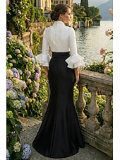 halpa Merenneito Illan Mekot-Trumpetti merenneito Kokopitkä Tanssiaismekot Iltapuku Ball Gown Muodollinen mekko Tyylikäs Juhlatyyli Silkkinen Puolihiha Paitapuserokaula-aukko Puutarhajuhlat Häät Joustava satiini kanssa Röyhelöity