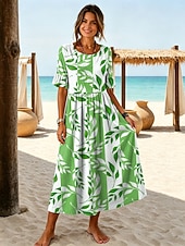 cheap Floral Dress-Women's Midi Dress Sundress Casual Dress A Line Dress Elegant Vacation Stylish Beach Holiday Regular Fit Floral Graphic Half Sleeve V Neck Blue Purple Green Khaki Summer Spring