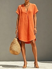 economico Vestiti-Per donna Abito al ginocchio Abiti di lino Vintage Quotidiano Taglia piccola Semplice Manica Corta Scollo a V Cachi Rosso Arancione Estate
