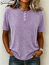 baratos Camiseta lisa-Camiseta feminina Softfade™ estilo Henley, raglan, com botões, cor sólida, estampa, lisa, vintage, moderna, elegante, manga curta, manga longa, casual, para uso diário, nas cores azul, roxo e cinza escuro, ideal para verão e primavera.