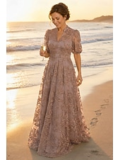 preiswerte Bodenlänge-A-Linie Kleid Bodenlang Spitzenkleid Brautmutterkleid Kurzarm V Ausschnitt Hoher Ausschnitt Elegant Vintage luxuriös Formell Hochzeitsgast Semi-Formal Spitze mit Stickerei Applikationen