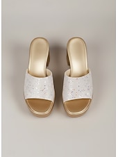 cheap Slide Sandals-Women's Sparkling White Platform Sandals with Chunky Heel – Comfortable Slip-On Style for Casual Beachwear, Vacation and Warm Weather Fashion