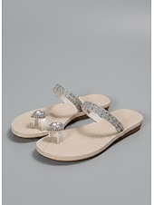 cheap Slide Sandals-Women's Rhinestone Embellished Thong Sandals with Blue Gemstone Detail – Elegant Sandals for Summer, Beach, and Formal Occasions