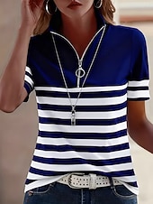 economico T-shirt a righe e geometrico-Per donna Maglietta Cerniera Zip a un quarto A strisce Grafico Geometrico Blocco di colori Vintage Tropicale Hawaiano Manica Corta Collo Alto Top Regolari Matrimonio in Spiaggia Casuale Quotidiano