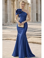 economico Abiti da Sera Sirena-Sirena Tromba Lunghezza al pavimento Abito da Sera Elegante Senza Maniche Monospalla Matrimonio Formale Raso Elasticizzato con Fiori 3D