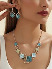 cheap Women's Necklace-Women's Bohemian Geometric Square Jewelry Set, Gold Alloy Enamel Necklace &amp; Drop Earrings, Colorful Modern Statement Accessories for Vacation, Travel and Daily Casual Wear