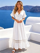 cheap Plain Dress-Women's Maxi Dress Sundress Casual Dress Vacation Casual Boho Beach Party Date Regular Fit Plain Short Sleeve V Neck White Summer Spring