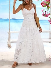 cheap Plain Dress-Women's Maxi Dress White Dress Summer Dress Eyelet Dress Fashion Modern Beach Vacation Holiday Regular Fit Floral Sleeveless Spaghetti Strap White Summer Spring