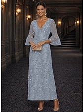 baratos Comprimento do tornozelo-Linha A Vestidos Longo Até o Tornozelo Vestido Coquetel Vestido Para Mãe dos Noivos Manga Longa Decote V Elegante Luxuoso Brilho &amp; Glitter Formal Convidado do casamento Semi formal Renda com Miçangas