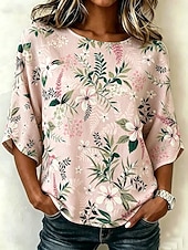 お買い得  花柄のブラウス-女性用 ブラウス プリント フラワー グラフィック ヴィンテージ スタイリッシュ カジュアル 七分袖 クルーネック レギュラートップス カジュアル 日常 バケーションウェア ピンク ライトブラウン グリーン 夏 春