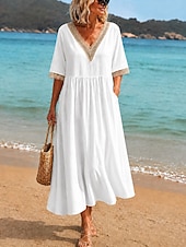 ieftine Rochii Albe din Dantela-Pentru femei Rochii Midi Rochie de dantela Rochie albă Rochie de vară Elegant Modă Zilnic Plajă Vacanță Potrivire Largă Simplu Manșon Jumate În V Alb Bleumarin Albastru Deschis Vară Primăvară