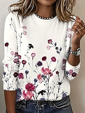preiswerte Blumen-T-Shirt-Ostern Damen T Shirt Druck Blumen Grafik Pflanzen Stilvoll Klassisch Modern Langarm Rundhalsausschnitt Rundhals Normale Oberteile Lässig Täglich Wochenende Weiß Leicht Rosa Grün Beige Sommer Frühling
