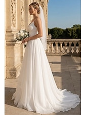 cheap Wedding Dresses-Beach Wedding Casual Simple Wedding Dresses Wedding Dresses Sheath Camisole Sleeveless Court Train Chiffon Bridal Gowns With Pleats