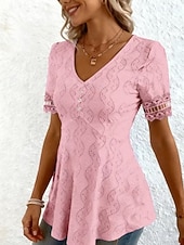  Mulheres Blusa Textura Elegant Elegante Boêmia Vintage Manga Curta Decote V Tops curtos Casual Diário Para Noite Damasco rosa Preto Branco Rosa Roxo Verão Primavera