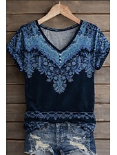 cheap Boho tee-Women's T Shirt Print Floral Graphic Plants Vintage Stylish Classic Short Sleeve V Neck Regular Tops Daily Weekend Blue Brown Gray Summer Spring Fall Winter