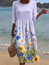 preiswerte Weißes Kleid-Ostern Damen Midikleid Sommerkleid Urlaub Lässig Boho Ferien Lässiger Schnitt Blumen Grafik Halbarm Rundhalsausschnitt Blau Gelb Rosa Violett Sommer Frühling
