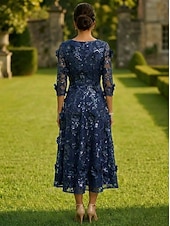 baratos Comprimento do tornozelo-Linha A Longuette Vestido de renda Vestido Para Mãe dos Noivos Manga Longa Decote V Elegante Vintage Formal Convidado do casamento Festa de Casamento Cetim Renda com Flores 3D Lantejoulas Bordado