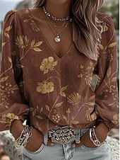 abordables Art &amp; Design Blouses-Femmes Chemise Graphique Géométrique Paisley Bohème Vacances ancien manche longue Col en V Col plongeant Hauts Longs Occasionnel Quotidien Fête Bleu Kaki Marron Vert Été Printemps Automne Hiver