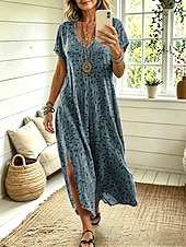 Women's Midi Dress A Line Dress Casual Loose Fit Floral Abstract Short Sleeve V Neck Blue Yellow Pink Dusty Blue Summer Spring