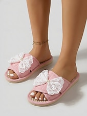 cheap Women's Slippers &amp; Flip-Flops-Women's Pink Linen Open-Toe House Slippers - Breathable Magic Tape Indoor Slides with White Lace Bow &amp; Pearl Decor, Non-Slip Soft Sole Casual Slippers for Wide Swollen Feet, Bedroom, Spa &amp; Daily Wear