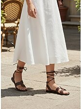 abordables Sandalias deslizantes-Sandalias planas marrones con cordones para mujer, cómodas sandalias de cuero con tiras que se atan al tobillo, ideales para cruceros y fiestas en yates. &amp;Escapadas de lujo al Mediterráneo en verano