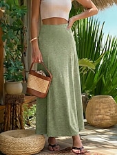 abordables Faldas Lisas-Mujer Falda de vacaciones Moda Casual Maxi Alta cintura Faldas Plano Tejido en Punto Elástico Verde Trébol Verano