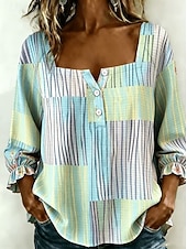 economico Bluse a righe e geometriche-Martedì grasso Per donna Blusa Patchwork Bottoni Stampato Grafico Geometrico Astratto Quotidiano Elegante Casual Mezza Manica Collo quadrato Top lunghi Casuale Quotidiano Verde chiaro Estate Primavera