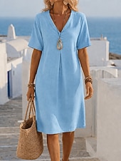  Damenkleider aus Baumwolle und Leinen, knielang, Etuikleid, Sommerkleid, lässig, normale Passform, schlicht, kurze Ärmel, V-Ausschnitt, blau, gelb, grün, Sommer, Frühling