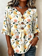  Mujer Blusa Botones Estampado Floral Graphic Vintage Elegante Moderno Media Manga Escote en Pico Tops regulares Casual Diario Azul Piscina Amarillo Morado Verano Primavera