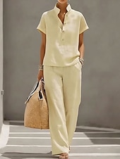 cheap Sets-Women's Linen-feel Set Pants Sets Short Sleeve Stand Collar Solid Color Fashion Streetwear Casual Daily Outdoor Blue Yellow Khaki Spring &amp; Summer Loose Fit