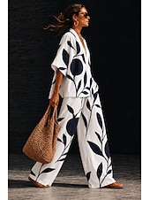 abordables Trajes de blusa para mujer-Mujer Camisa Conjuntos de lino y algodón Conjuntos de pantalones Manga Corta Escote en Pico Floral Graphic Geométrico Estampado Vacaciones Moda Ropa de calle Casual Diario Exterior Negro Blanco