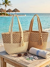economico Borse da viaggio per vacanze-Borsa tote da donna in stile bohémien intrecciata, borsa a tracolla capiente color kaki beige da spiaggia con ciondolo a nappina, ideale per vacanze al mare, viaggi e abbigliamento casual quotidiano.