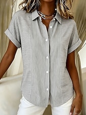 voordelige Strepen- en Geometrische Blouses-Dames Overhemd Knop Afdrukken Grafisch Gestreept Vintage Dagelijks Stijlvol Korte mouw Overhemdkraag Normale tops Casual Dagelijks blauw Zwart Rood Groen Zomer Lente