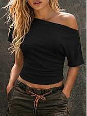 ieftine tricou simplu-Pentru femei Top cu umeri deschiși Tricou Grafic Simplu Epocă Stilat Fără manșon Manșon scurt Asimetric De Pe Umăr Topuri obișnuite Casual Plajă vară Negru Alb Trifoi Vară Primăvară