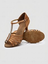 cheap Latin Shoes-Women's Brown Rhinestone T-Strap Latin Dance Shoes - Elegant Peep Toe Heel Salsa &amp; Tango Sandals with Faux Suede Sole for Dance Practice, Ballroom Performances &amp; Social Events