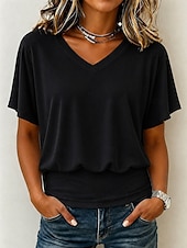 abordables T-shirt uni-Femmes T-shirt Cordon de serrage Uni Mode Élégant Basique Manche Courte Col en V Hauts Réguliers Occasionnel Quotidien Sortir Noir Blanche Rose Claire Marron Été Printemps