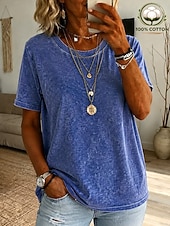  T-shirt femme softfade™ 100 % coton, style vintage, délavé, manches courtes, col rond, coupe classique, bleu.