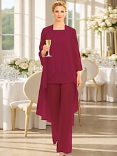 abordables Trajes de pantalón de mamá-Traje de pantalón Traje de 3 piezas Hasta el Suelo Vestido de Madrina Sin Mangas Barco de cuello Elegante Talla Grande Bolero incluido Invitado a la boda Gasa Vestidos de chaqueta con Un Color