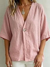cheap Dressy Blouses-Women's Shirt Blouse Plain Bohemia Half Sleeve V Neck Regular Tops Blue White Pink Brown Green Summer Spring