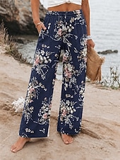 cheap Graphic Pants-Women's Waffle Wide Leg Vacation Basic Full Length Mid Waist Print Comfort Stretchy Vacation Formal Street Blue Summer Spring Loose Fit
