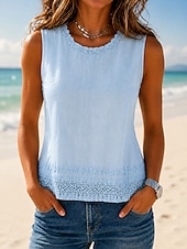 baratos Tanque Simples-Mulheres Camisa Social Blusa Franzido Bordado Vintage Sem Manga Gola Redonda Tops regulares Azul Branco Amarelo Azul Marinha Verão Primavera