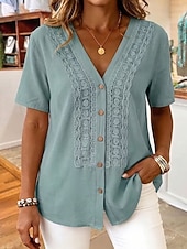  Women's Shirt Solid Color Elegant Bohemia Vacation Short Sleeve V Neck Crop Tops Blue Black White Pink Summer Spring