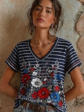 abordables Día de la Independencia Top-día de la independencia americana Mujer Camiseta Estampado Floral Graphic Letra Elegante Clásico Casual Manga Corta Escote en Pico Tops regulares Casual Diario Azul Piscina Negro Rojo Azul Marino