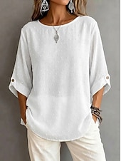 billige Enkle bluser-Dame Skjorte Chiffongoverdeler Jacquard Knapper Helfarge Årgang Stilfull 3/4 ermer Crew-hals Vanlige topper Avslappet Ut på byen Kakifarget Svart Hvit Sommer Vår