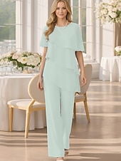 voordelige Broekpakken van mama-Tweedelig Broek Tot de grond Moeder van de bruid jurk Korte mouw Met sieraad Elegant Grote maten Bruiloft gast Chiffon met Gelaagde ruches
