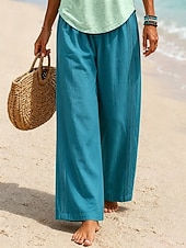  Women's Linen Pants Trousers Summer Pants Baggy Pants Vacation Basic Casual Full Length High Waist Plain Pocket Wide Leg Elastic Waistband Soft Comfortable Breathable Stretchy Beach Holiday Blue